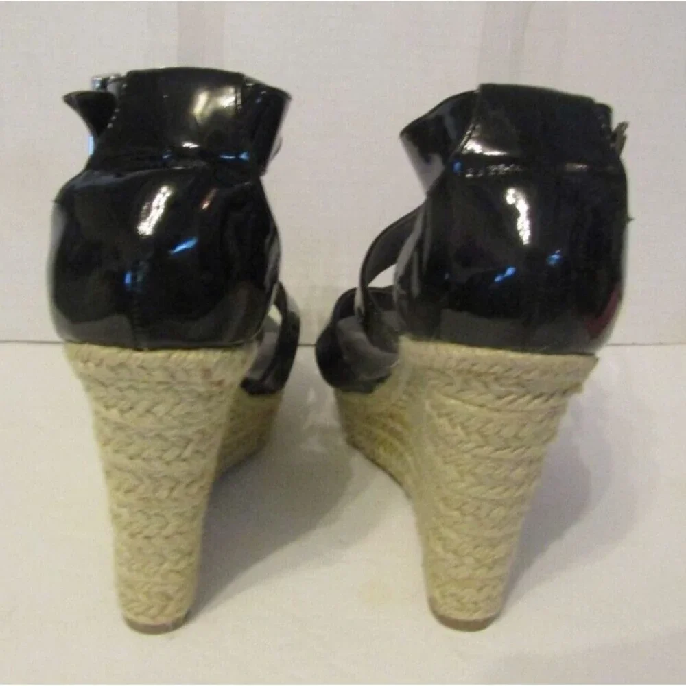 G by GUESS Black Patent Espadrille Wedge Sandals Ankle Strap Sz 8M